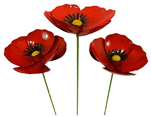 Handcrafted Red Metal Poppy Flower Garden Ornaments, Set of Three, 100cm Tall - Outdoor Garden Decorations for Borders, Pots, Flower Beds & Memorials , Fairly Traded Garden Decor - Red Poppy 100cm