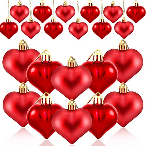 HOWAF 24 Pieces Valentine's Day Heart Baubles Ornaments Christmas Tree Baubles Heart Shaped Decoration Baubles for Valentine's Day Decoration, Glossy, Red