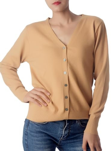 iB-iP Donna Maglione Leggero Cardigan V-Collo Bottoni, Taglia: 44, Beige