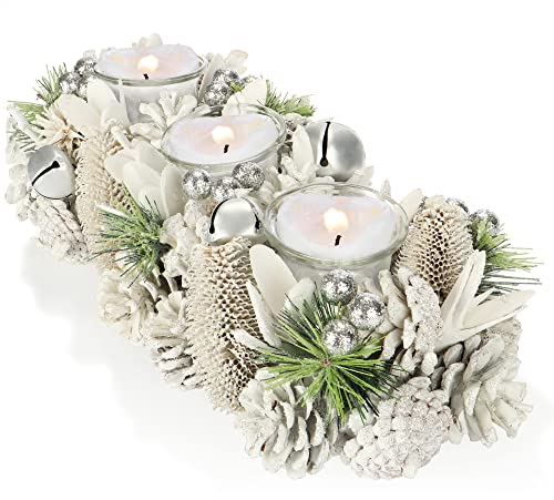 COM-FOUR® Teelichthalter - dekorativer Kerzenständer für Weihnachten und Herbst - Kerzenhalter mit natürlichen Materialien - Handarbeit (Adventsgesteck - 3 Kerzen)