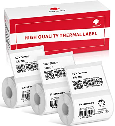Phomemo Etikettenpapier for M220 M250 M221 M120 M150 M108 M110 M421 Etikettendrucker, Multifunctional Self-Adhesive Label for Barcode, Name, Price, Address etc, 50x30mm,230 Etiketten/Rolle (3 Rolle)