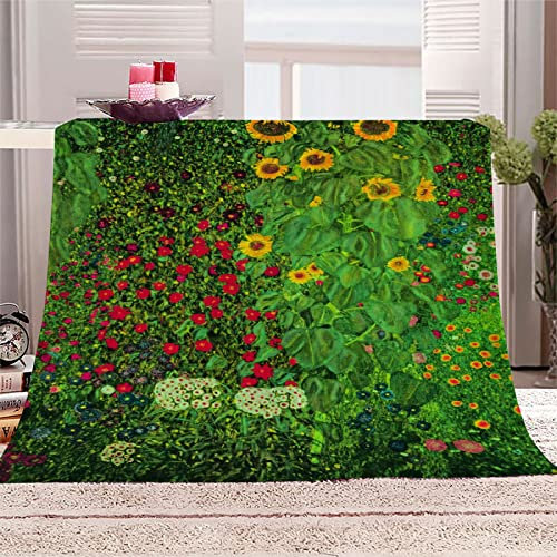 REGSDFQ Flanell Decke 4 Jahreszeiten - Kuschelige Wohndecke - 3D Gedruckt - Gustav Klimt - Sonnenblumengarten (150x200cm, Gelb, Wolle oder Baumwolle)