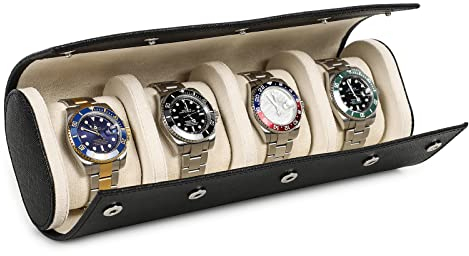 Hiram Leder Uhrenetui Echtes Saffiano-Leder 4 Uhren Aufbewahrungsbox, Handgefertigter Uhrendisplay-Organizer für Männer (Schwarz)