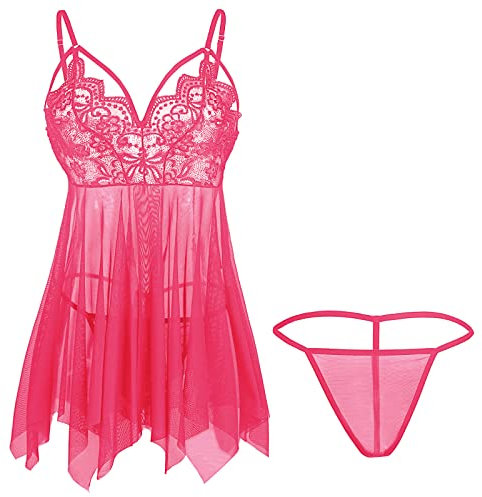 Giorzio Damen-Dessous, Spitze, Babydoll-Riemen, Chemise, Teddy, V-Ausschnitt, Nachtwäsche, A-Rose Red, 36