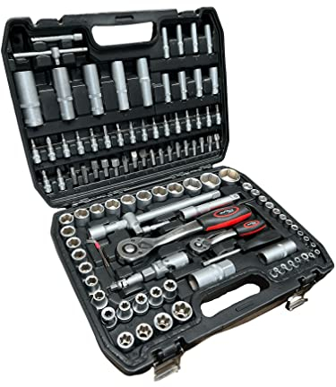 Kraftwelle 108 teiliger Profi Steckschlüssel Satz 1/2 1/4 Knarren Sortiment Werkzeugkoffer aus CR-V Stahl Knarrenkasten Ratschenkasten feinverzahnte Ratsche Bit