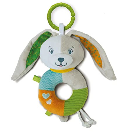 Clementoni - Lovely Bunny Soft Rattle Plush Toy Play Baby Rattle Stroller Ring Strengthens Motor and Sensory Skills, 100% Machine Washable, Multicoloured, 17787