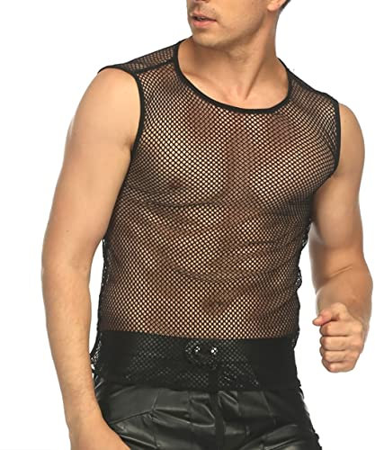 ROSVAY Camiseta sin Mangas de Rejilla para Hombres Transparente, Hombre Camiseta de Tirantes Malla Transpirable Sexy, Fishnet Camiseta Interior Tank Top Gym Clubwear Verano Negro (Rejilla Pequeña, S)