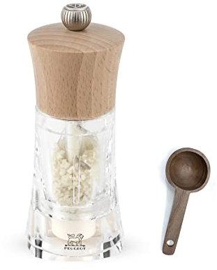 Peugeot - Oleron Manuelle Mühle Nassmeer Salzmühle - Transparente verstellbare Mühle - Acryl und Buchenholz, natürlich, 5,5 Zoll - Mit Gewürzlöffel aus Holz