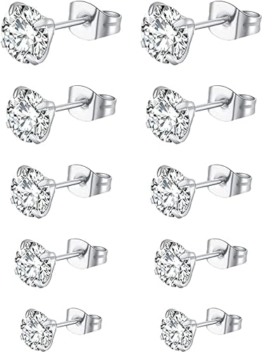 URBIUTF 5 Paar 925 Sterling Silber Ohrringe Set für Damen und Herren - Diamant Ohrstecker 3, 4, 5, 6, 8 mm - Mädchen Silber Ohrringe