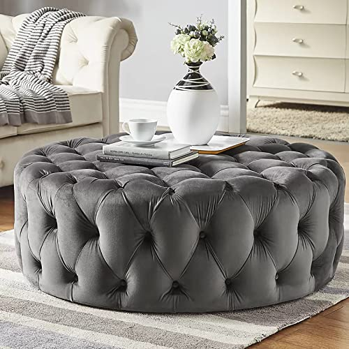 Luxuriöser Bequemer Plüsch-Fußstützenhocker,Kleiner Mordern-Couchtisch,Runder Getufteter Samthocker,Ende Der Bettbank Für Wohnzimmer, Hosting-Zimmer, Schlafzimmer-Dunkelgrau 60x60x40cm(24x24x16inch)