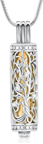 VCCWYQK Cylindre Bijoux Crémation Arbre de vie Urne Cendres Collier pour les femmes Hommes Flacon Crémation Cendres Pendentif Bien-aimé Bijoux Mémorial (D)