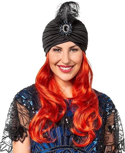 MIMIKRY Damen Turban Schwarz mit Brosche und Feder Diva 20er Jahre Wahrsagerin Hut
