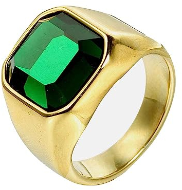 OAKKY Herren Edelstahl Retro Quadratischer Achat Siegelring Statement Paar Ringe Vergoldet, Grün Stein Größe 70 (22.3)