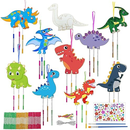 10 Stück Dinosaurier-Windspiel Bastelset Kindergeburtstag Bastelhandwerk zum Bemalen, Holzbastelsets für Kinder mit Diamantaufkleberpinsel für Weihnachten Halloween Basteln Outdoor-Hängedekoration