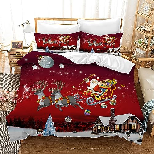 Gegeryozer Weihnachten Bettwäsche Sets,Weihnachtstag Thema Bettbezug,Santa Elch rot Bettbezug mit Kissenbezug für Jungen und Mädchen (C1,135×200 cm)