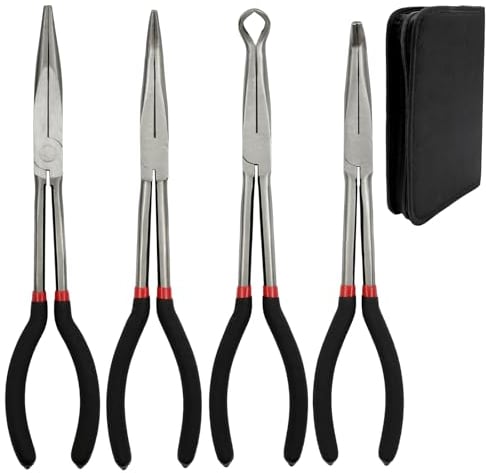 LYFJXX 4 Pack 11 lange Spitzzange mit Tasche, isolierte Griffe - gerade lange Nadelzange, 45/90 Grad Winkel gebogene Zange mit für Drahtbiegen, Formen, Trimmen, Schmuckherstellung