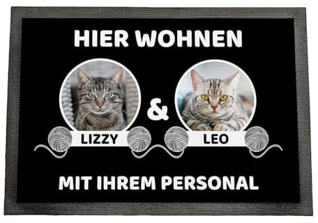 Fußmatte personalisiert Katze mit Bild | Bis zu 3 Katzen | rutschfeste Schmutzfangmatte mit Katzenmotiv | Geschenk für Katzenliebhaber Geschenkidee | Fussmatte Außen Innen | 50 x 35 cm mit Gummirand
