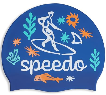 Speedo Unisex-Badekappe für Kinder mit Surf-Slogan-Aufdruck, für Jungen und Mädchen, Blau und Weiß