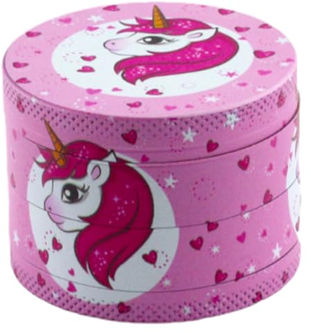 Evergreen Labs Grinder rose avec motif licorne, métal, diamètre 50 mm, 4 pièces, avec tamis, moulin à herbes pour herbes fraîches, broyeur, alliage de zinc, bon pour les pignons de pin et les piments.