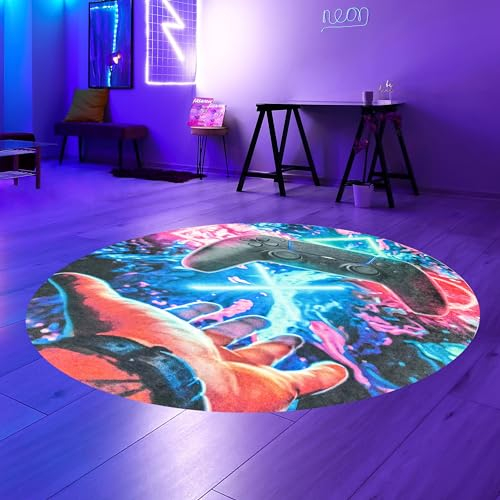 Teppich-Traum Gamingteppich dünn antirutsch strapazierfähig Kontroller mit neonfarbenen Symbolen in bunt, 160 cm Rund