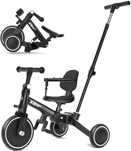 XJD 5 in 1 Dreirad, Laufrad ab 1 Jahr mit Schubstange für Kinder ab 1-4 Jahre, Laufräder Laufrad mit Abnehmbaren Pedale und Verstellbarer Sitz, Kinderdreirad, Baby Fahrrad (Schwarz)
