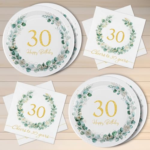 WenmthG 40 Stück 30. Geburtstag Servietten und Pappteller Eukalyptus, Deko 30. Geburtstag Frauen Männer, Happy Birthday
