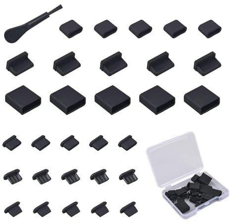 30x USB Dust Cover Port Plugs: Assorted Silicone USB Cap Port Stoppers for USB Type-C, USB C Male, Micro USB, USB A Female & Male Ports, Complete with Cleaning Brush