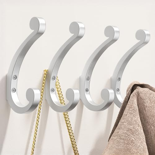 Josmimic Coat Hooks Wall Mount for Hanging - Silver Large Retro Double Hooks with Screws, Heavy Duty Coat Hanger, Holder 40Lb, Coat Rack for Towels, Hats, Mug, Bags, Clothes, Purse, 4 Pack