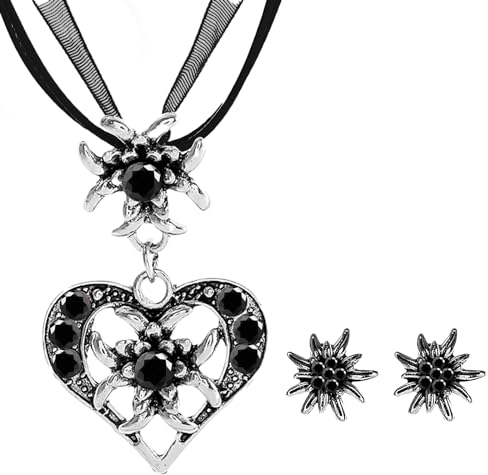 APMGONT 3 Stück Bayerisch Dirndlschmuck Set für Damen, Trachtenkette mit Strass Edelweiß Herz Anhänger Edelweiß Ohrstecker Trachtenschmuck Set für Oktoberfest Bierfest Dirndl (Schwarz)
