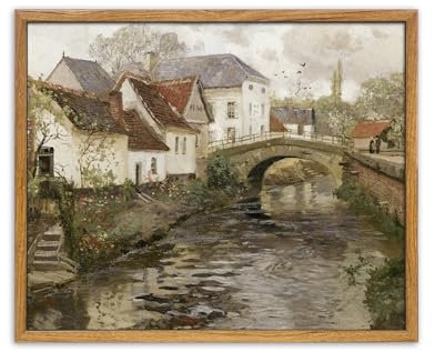 UPWOIGH Vintage Framed Wall Art,12x16in Country Oil Painting,Belgian Village Canal Print,European City,Rustic Decor,Antique Painting,Moody Autumn Farmhouse Artwork for Living Room Bedroom Office Gift