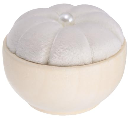 QUARKZMAN Nadelkissen mit Holzsockel für Stecknadeln - Niedliches kleines Nadelkissen mit vertikaler Holzschale für Nähen, Quilten, Handarbeiten und DIY-Bastelprojekte, Creme