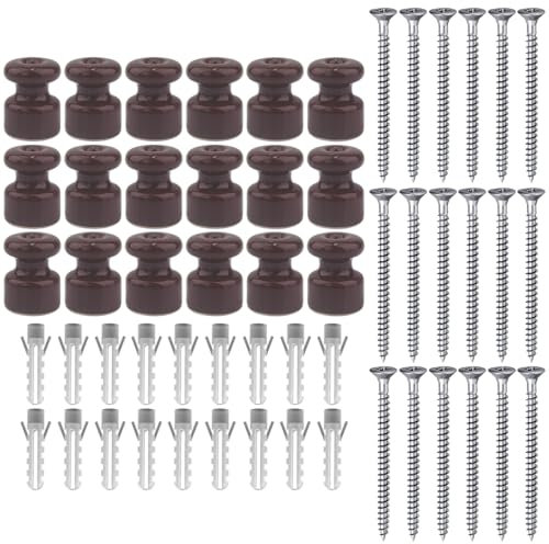OASHISU 18 piezas Aisladores de porcelana para instalación con cable trenzado textil, aisladores para cables trenzados, aislante de porcelana, marrón brillante, Ø18 mm, aisladores de cerámica vintage