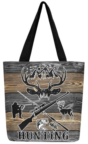 Rustikale Farmstyle Einkaufstasche Wild Tier Hirsch Leinwand Tasche Jagd Thema Leinwand Einkaufstasche Wildlife Elch Bass Fisch Wiederverwendbare Lebensmitteltasche Alte Scheunentür Einkaufstasche