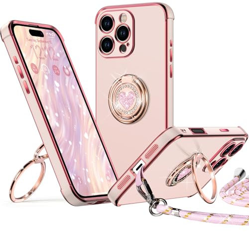 XYZ for iPhone 16 Pro Max Case with Stand, Heart Lanyard for Girls Women, Luxury Cute Bling Protective Cover for iPhone 16 Pro Max, Pink