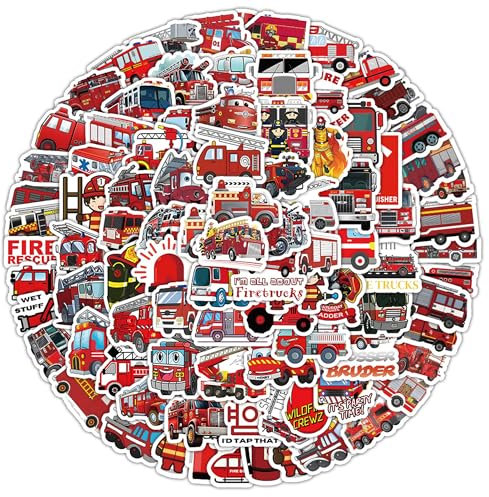 Feuerwehr Aufkleber Feuerwehrauto Sticker - 100 Stück Fire Truck Deko für Auto Wasserflasche Laptop Skateboard Fahrrad Koffer Scrapbook, Feuerwehrfahrzeuge Geschenk für Erwachsene Kinder Jungen