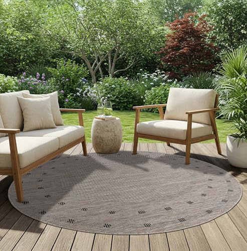 TAPISO Melissa Rund In & Outdoorteppich Braun Schwarz 120 x 120 cm | UV-Resistent strapazierfähiger Teppich mit Sisaloptik für Küche Flur Wohnzimmer Balkon Terrasse Modern OEKO-TEX