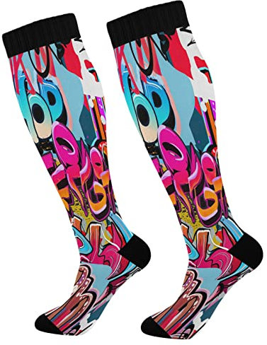 DBKGHIEDHG Calzini a compressione per donne e uomini, sportivi, altezza al ginocchio, supporto per corsa, escursionismo, fitness, graffiti Wall Urban Hip Hop, multicolore, taglia unica, Come nella