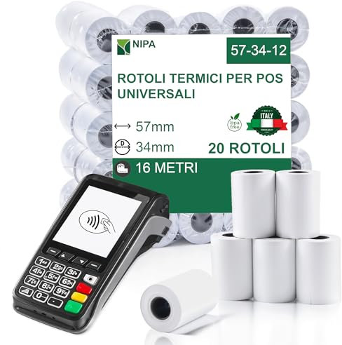 Nipa | 20 Kassenrollen 57 mm x 16 m x 12 mm, hochwertiges Thermopapier für Bank-Quittungen, ideal für Sumup, Nexi, Nexa und andere kompatible POS-Terminals, BPA-frei, 48 g/m²