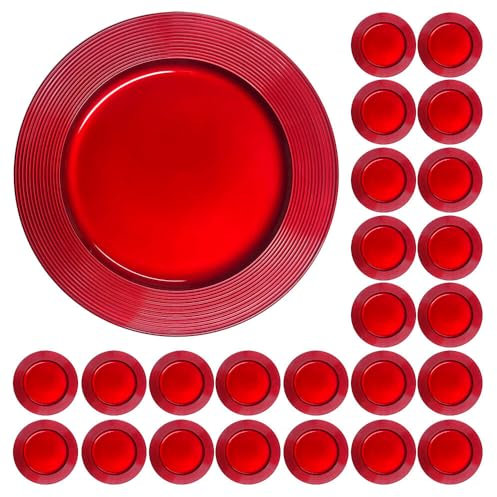 Murago - 24er Set Platzteller ca. 33cm Kunststoff rot - glänzende Unterteller für Teller Dekoteller Kerzenteller Untersetzer grosspackung glossy Dekoration für Valentinstag Weihnachten Tischdeko
