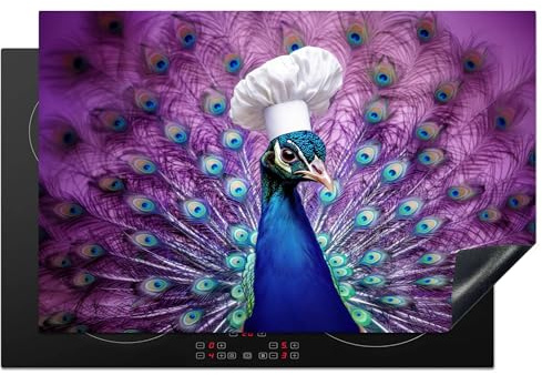 KitchenYeah© Herdabdeckplatte Einteilig Küche Herdabdeckung Induktionsfeld | 80x52 cm - Ceranfeld Herdabdeckplatten Vinyl Matte Aufrollbar Pfau - Kochmütze - Cool - Lila