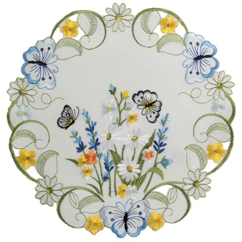 Elegante Tischdecke & Tischläufer mit Stickerei und Schmetterlingsmotiven – Verschiedene Größen verfügbar (Rund 40_cm)