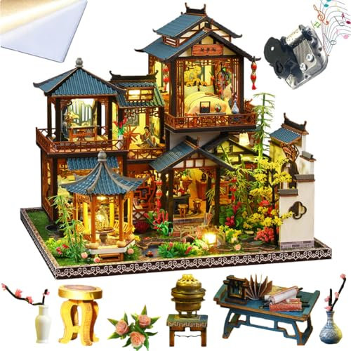 TOPBSFARNY Kit maison de poupée 3D en bois assemblée à faire soi-même - Scène miniature de style chinois - Scène de cour avec musique créative - Cadeau d'anniversaire d'Halloween (avec housse