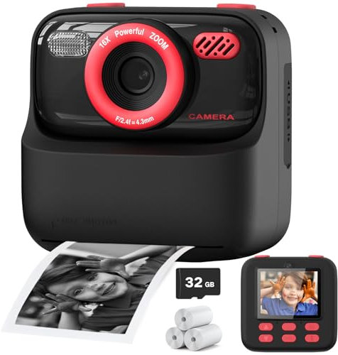 Appareil photo numérique pour enfants à impression instantanée pour garçons et filles, 1080p HD à double objectif avec papier d'impression et carte 32 G, cadeaux d'anniversaire de Noël, jouets pour