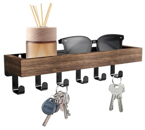 xianxikaitech Wall Mounted Key Holder with Wood Tray and 6 Black Metal Key Hooks,Key Holder for Wall, Home Decor Key Racks Mail Organizer, Key Hanger for Hallway, Entryway, Living Room,Office.
