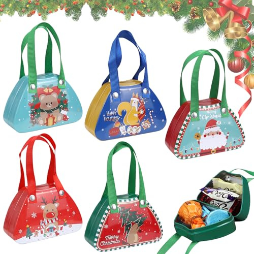 TIVUNORON 5 Stück Weihnachts-Weißblech-Dose, Weihnachtskeksdosen, Weihnachten Keksdose Tragbare Metall Handtaschenform Süßigkeitenbox für Süßigkeiten Kekse und Kleine Geschenke