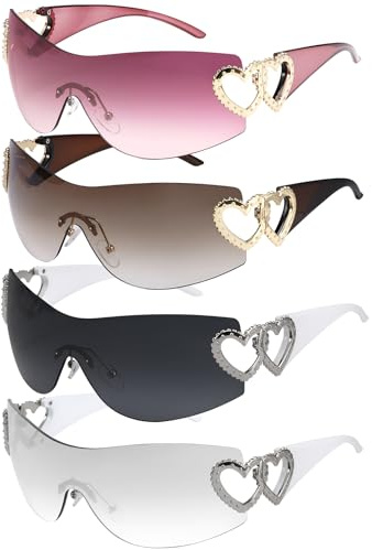 patinadrift Randlose Y2K Sonnenbrille für Damen Herren, Trend Wrap Around | Sonnenbrille, Vintage Brille Wraparound Mit Herzform Sunglasses für Sonnenschutz im Sommer Alltagskleidung
