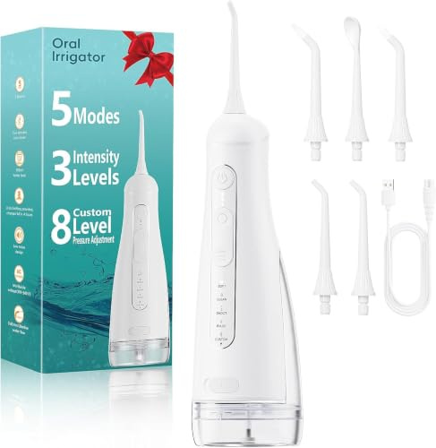 Munddusche Kabellos, Munddusche Testsieger 2026, 5 Modi 20 Wasserdruck & 3 Intensitäten 5 Düsen, 300ML Wassertank Mund Reiniger Wasser Zähne Flosser IPX7 Wasserdicht Water Flosser
