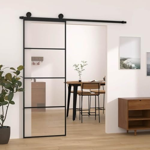 Porte coulissante avec ferrure 76 x 205 cm Verre ESG Aluminium Noir Épaisseur de porte 4 mm Rail coulissant 200 cm Silencieux Peu encombrant Pour intérieur et entrée de maison