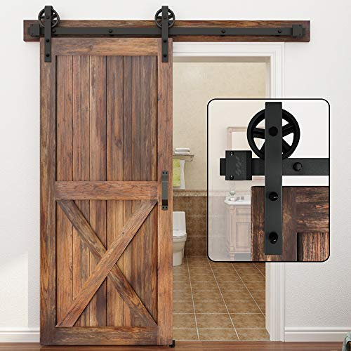 WINSOON Single Wood Sliding Barn Door Hardware Kit 5FT Basic Black Big Spoke Wheel Roller Garage Closet Carbon Steel Flat Track System (5FT)