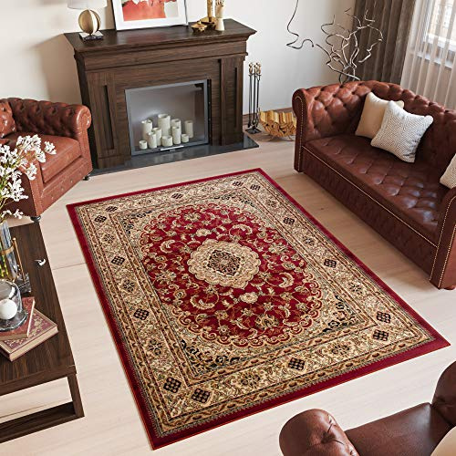 TAPISO Yesemek Klassisch Teppich Kurzflor Wohnzimmer Schlafzimmer Orientalisch Ziegler Floral Medaillon Muster Bordüre Rot Beige Barock ÖKOTEX 160 x 220 cm